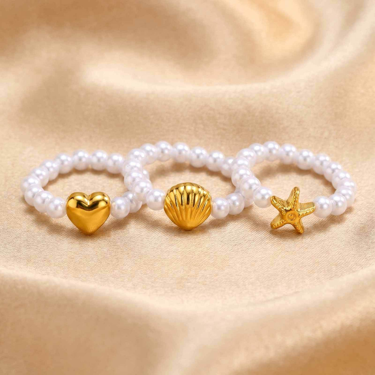 Stainless Steel Starfish Shell Imitation Pearl Summer Seaside Vacation Wind Ring