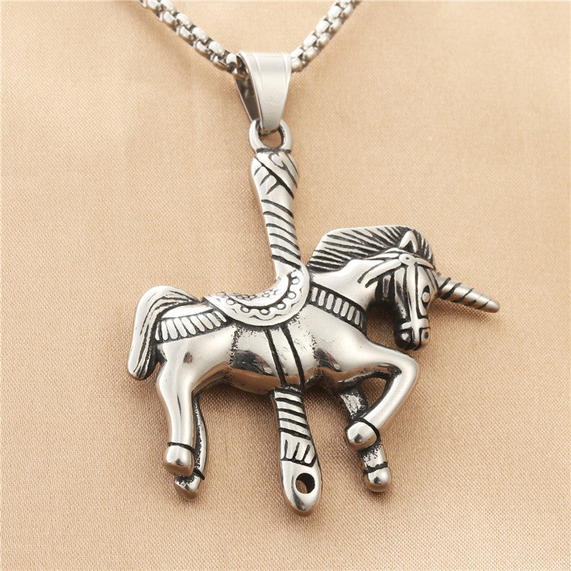 Personalized Titanium Steel Unicorn Carousel Pendant Necklace for Men - Retro Punk Trendy Design