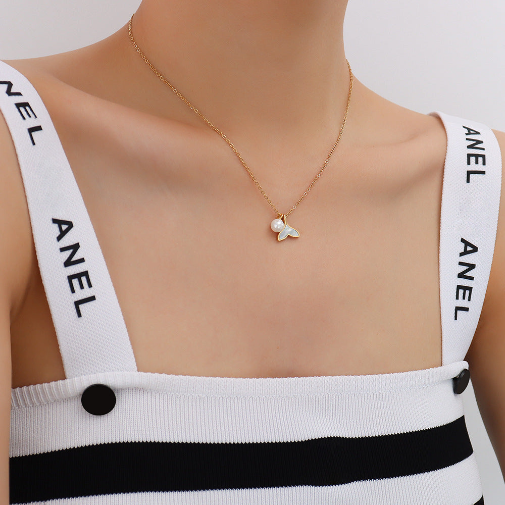 Mermaid Princess Fishtail Pendant Necklace - Imitation Pearl Design