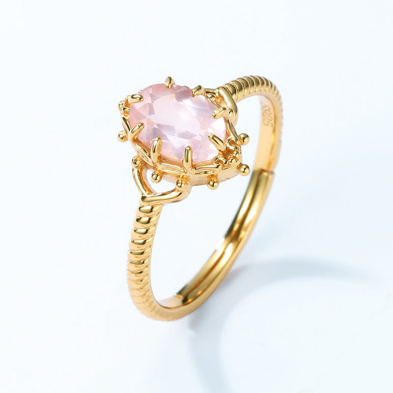 Retro Palace Style Oval Pink Crystal Opening Silver Ring
