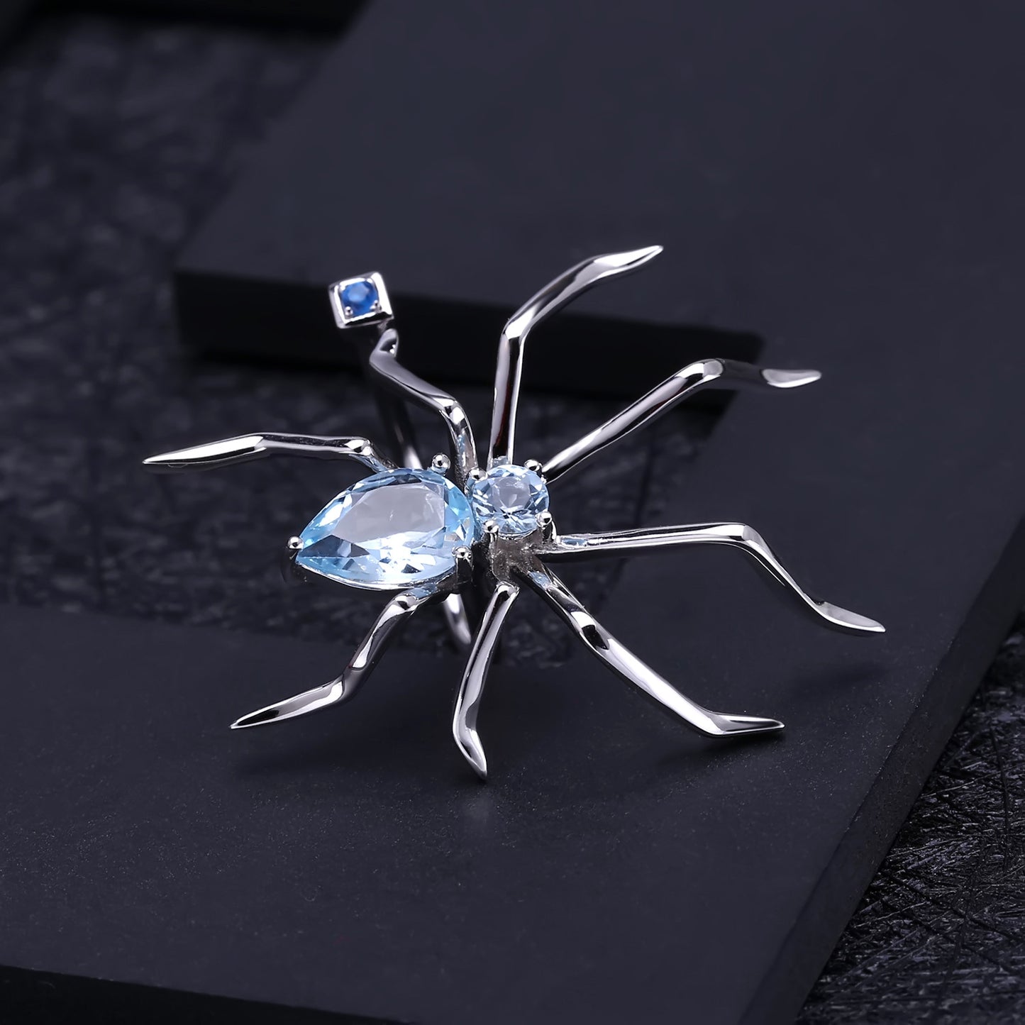 Spider Design Natural Gemstones Opening Silver Ring