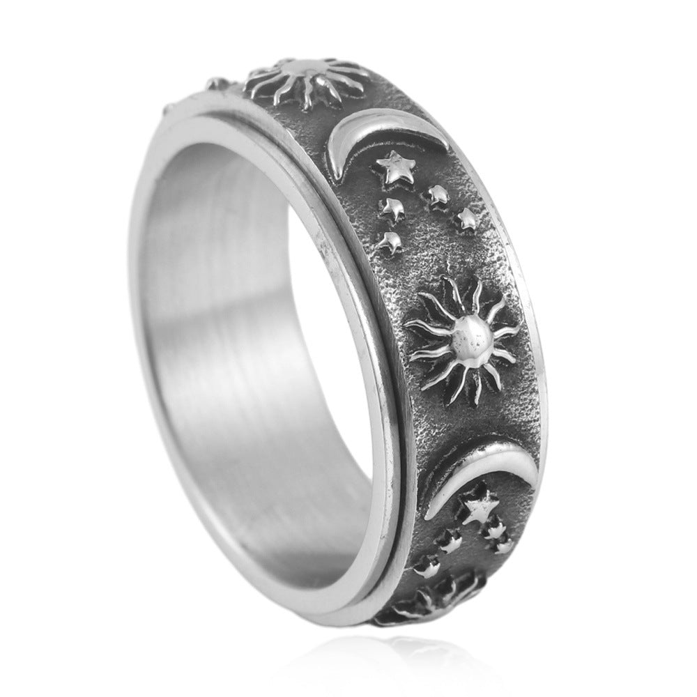 Titanium Steel Rotating Sun and Moon Ring for Men - Retro Stainless Steel Design