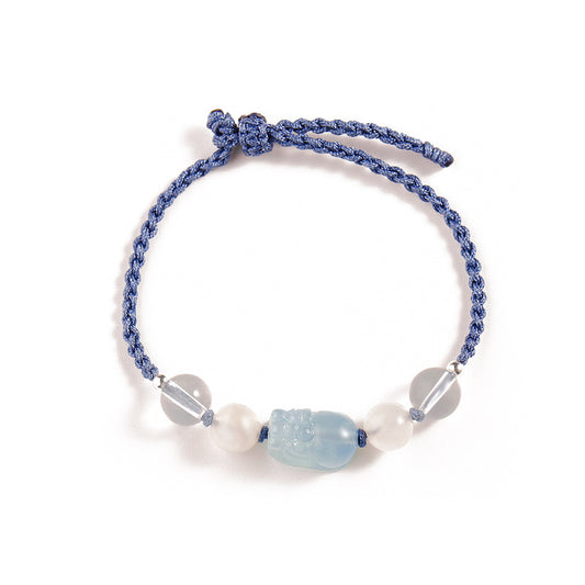 Blue Moonlight Crystal Sterling Silver Bracelet with Sea Blue Treasure Pixiu