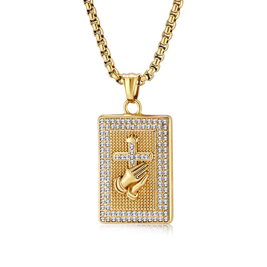 Planderful Zircon Inlaid Prayer Hand Cross Necklace For Hip Hop Fans Urban Style Premium Edition