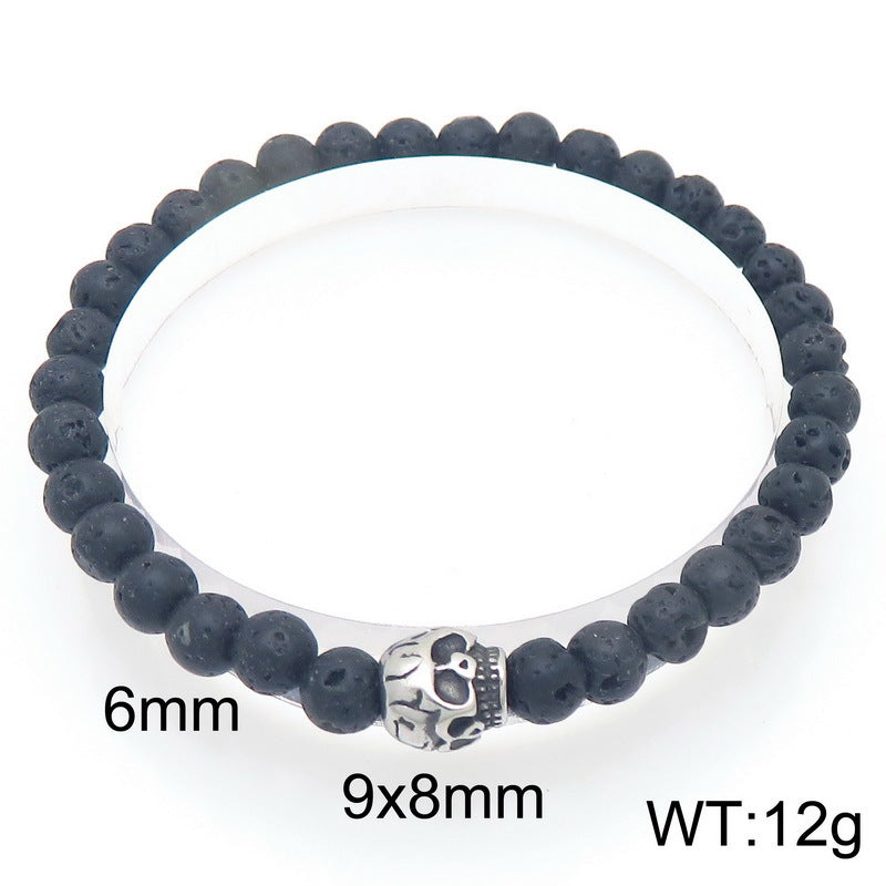Planderful Men Skull Beaded Elastic Bracelet Volcanic Stone