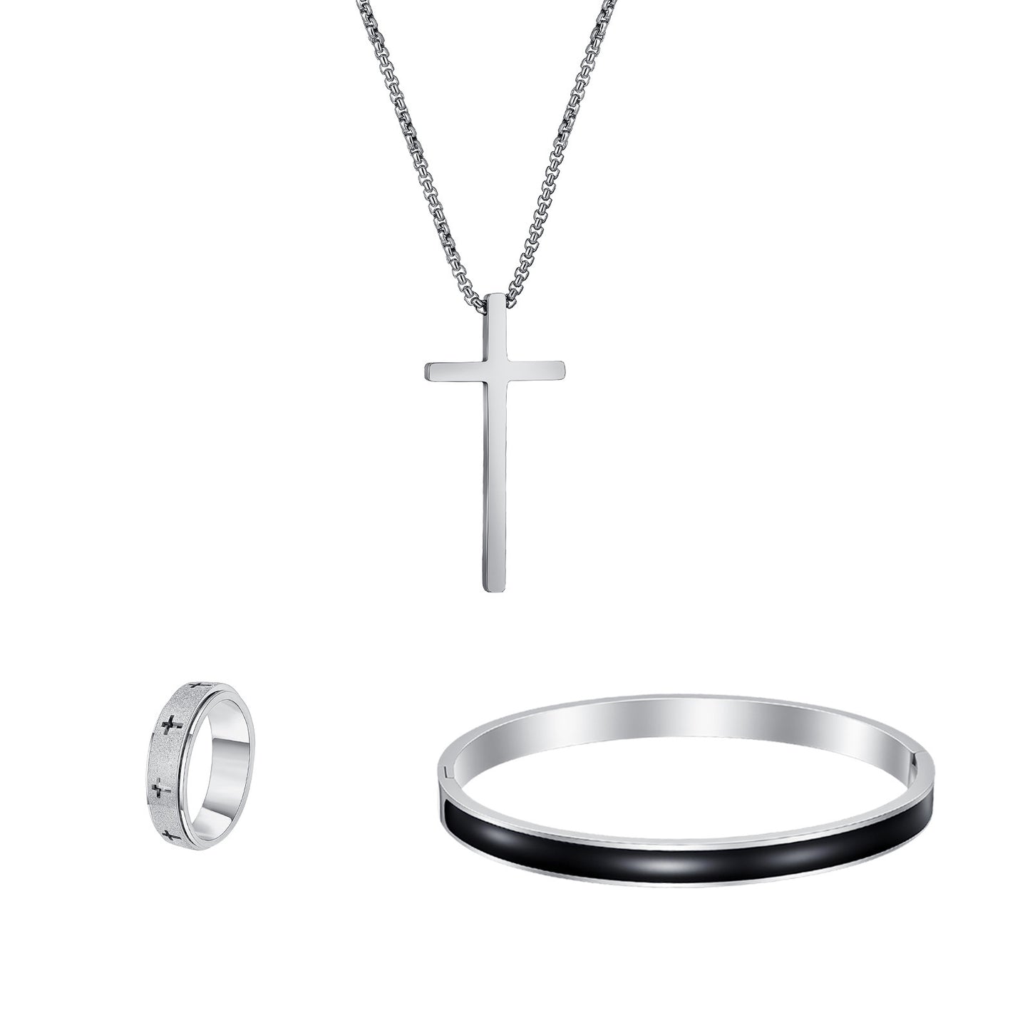 Planderful Everyday Genie Cross Design Stainless Steel Ring Bracelet Necklace Set For Women And Unisex Statement Jewelry