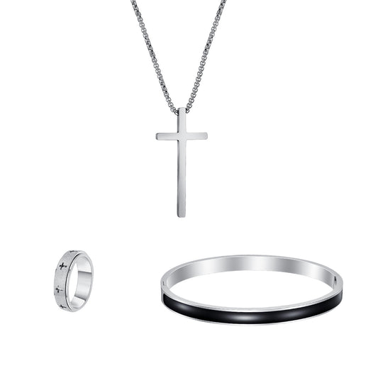 Planderful Everyday Genie Cross Design Stainless Steel Ring Bracelet Necklace Set For Women And Unisex Statement Jewelry