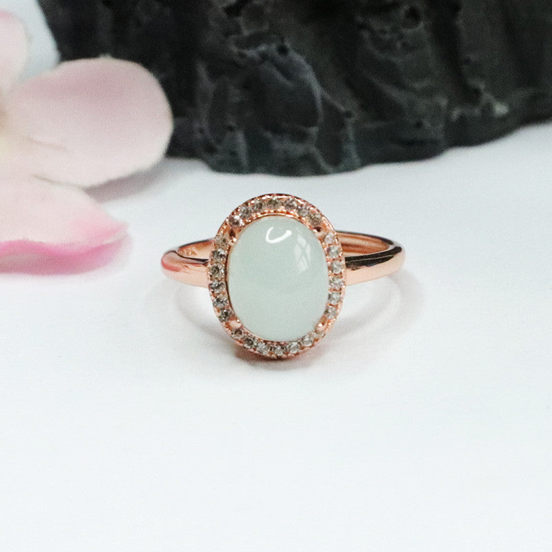 Sterling Silver Oval Jadeite Zircon Halo Ring