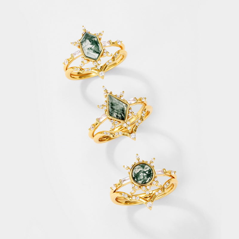 Planderful Jewelry Green Moss Agate Ring In Sterling Silver With Gold Plating For Everyday Elegance