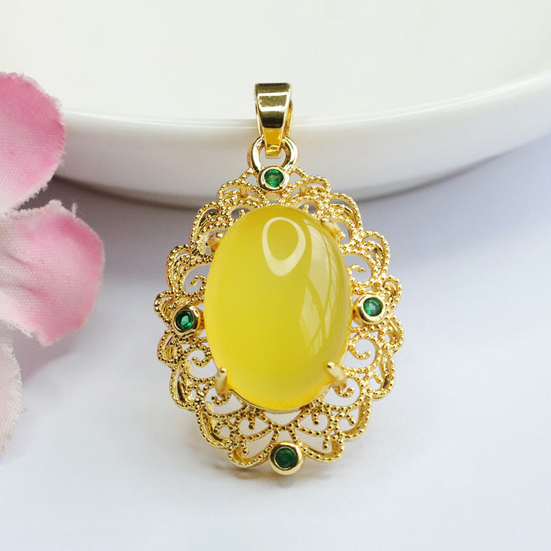Oval Natural Red Agate Pendant, Yellow Green Chalcedony Golden Pendant Ethnic Style