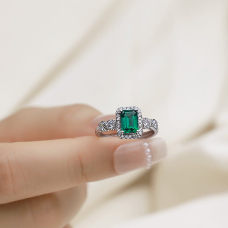 Planderful Jewelry Lab Grown Emerald Ring in Sterling Silver with Elegant Inlay and Luxury Finish