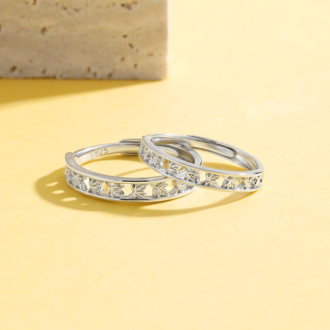 Planderful Everyday Genie S925 Sterling Silver Maple Leaf Couple Ring Women's National Style Simple Personality Niche Design Valentine's Day Gifts for Men and Women