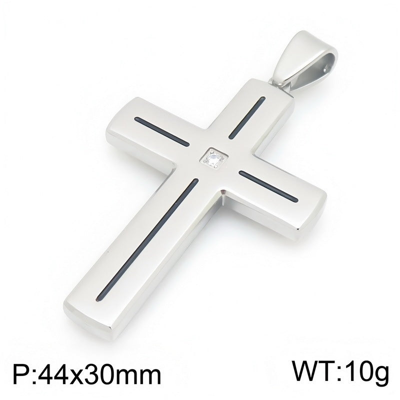Popular Slotted Line Zircon Cross Titanium Steel Pendant Retro Contrasting Color Stainless Steel Necklace