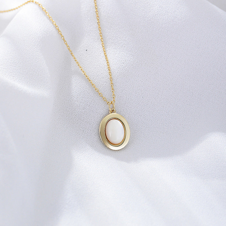 Retro Oval Natural White Fritillary Shell Pendant Sterling Silver Necklace