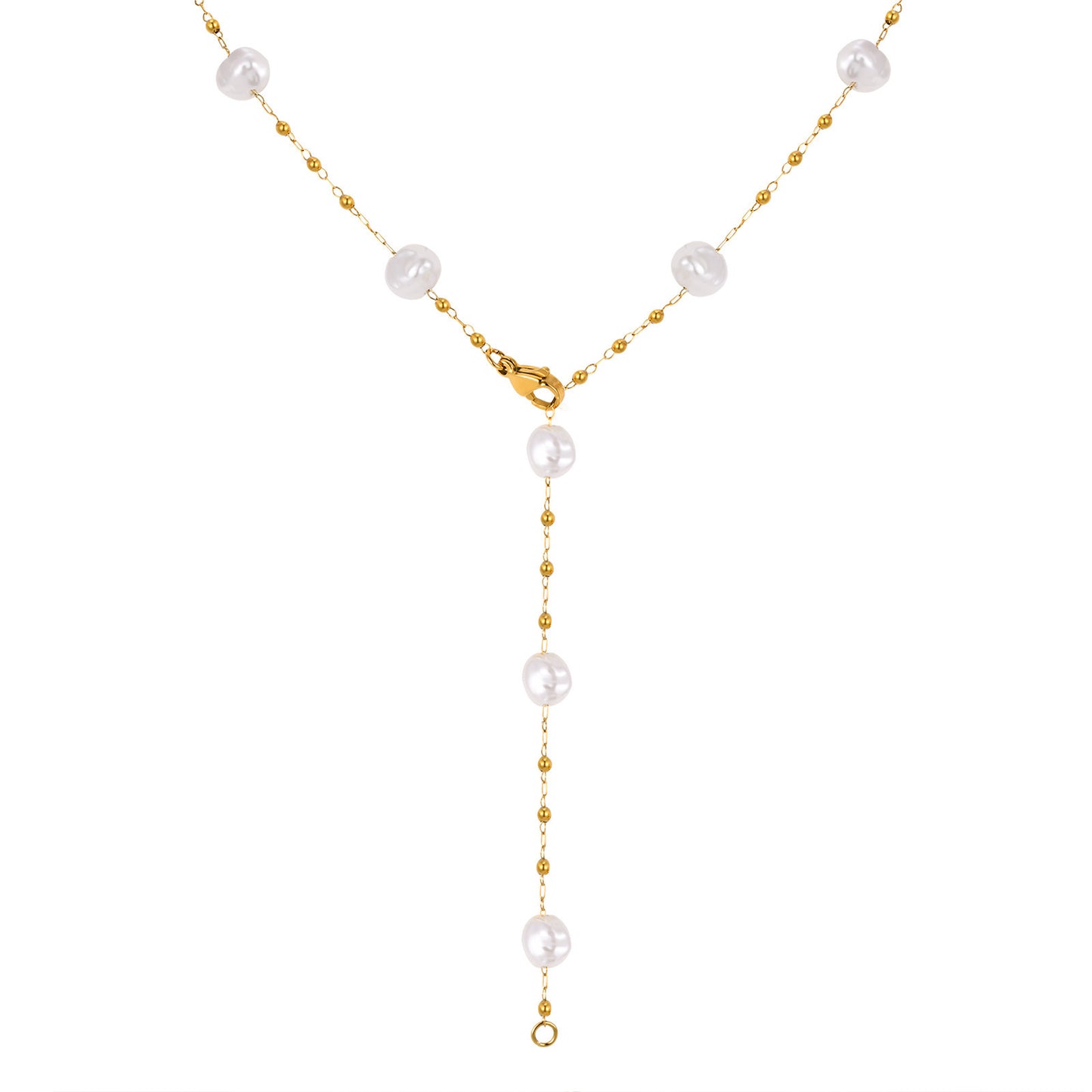 Ladies Imitation Baroque Pearl Y-Shaped Gold Necklace Stainless Steel Chain