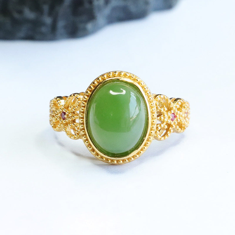 Sterling Silver Butterfly Ring with Jasper Green Jade Butterfly Wings