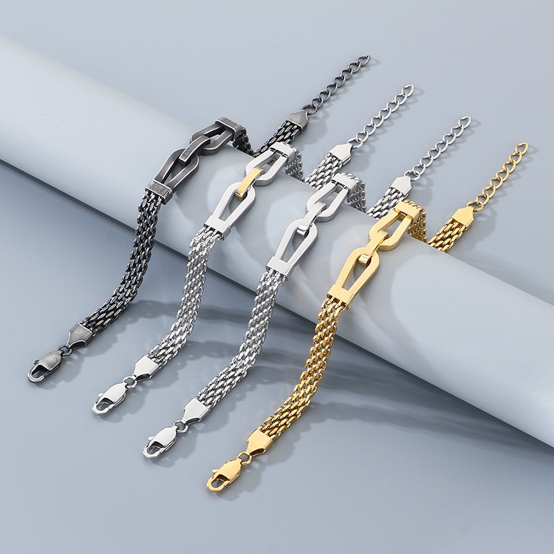 Style Hollow Woven Chain Design Horseshoe Buckle Titanium Steel Men's Bracelet