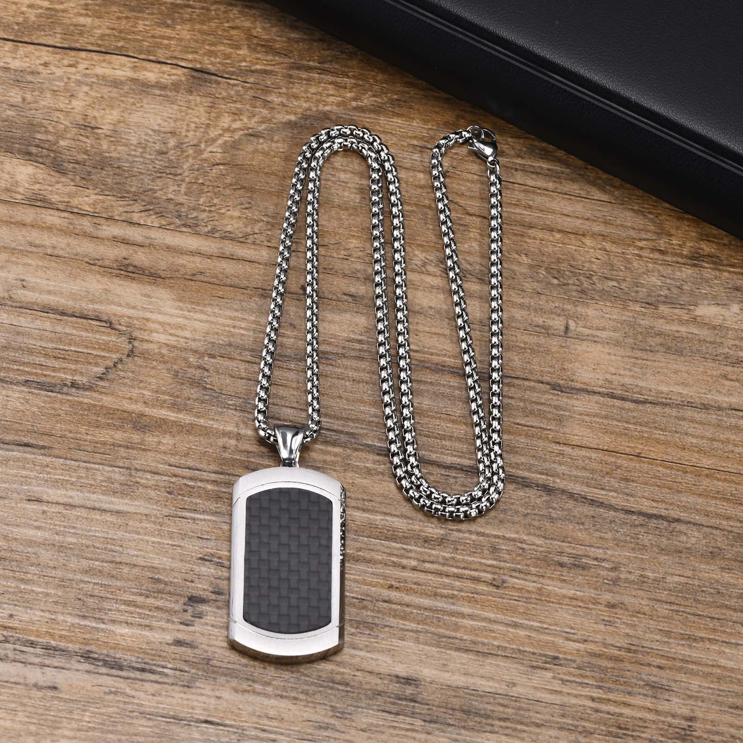 Stainless Steel Carbon Fiber Dog Tag Pendant Necklace Men