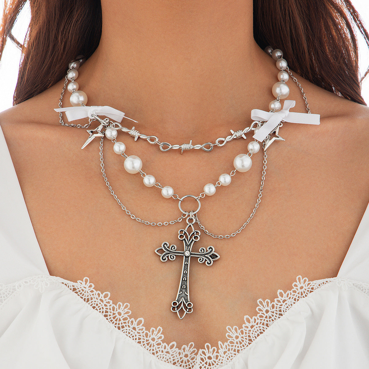 Bow, Cross & Pearl-Style Fringe Necklace