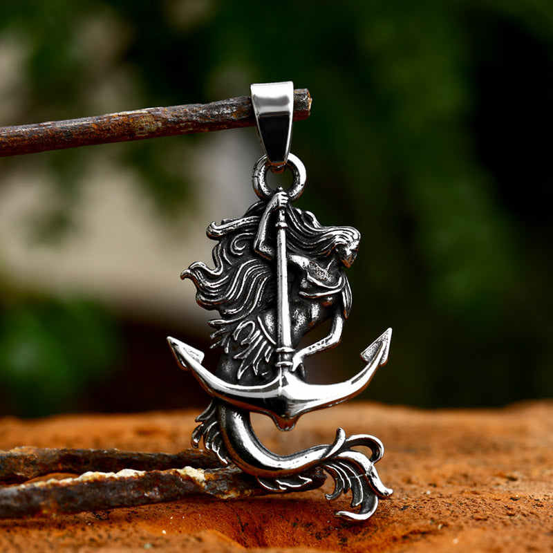 Retro Punk Style Titanium Steel Mermaid and Anchor Pendant for Men