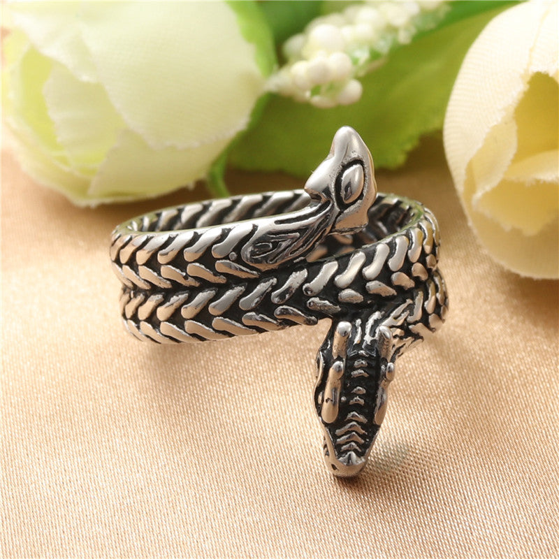 Titanium Steel Retro Snake and Dragon Ring for Men - Trendy Animal Accessories
