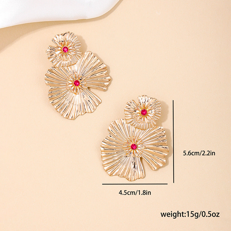 Glamorous Oversized Metal Sequin Earrings with Floral Ruffles - Trendy Women's Summer Jewelry