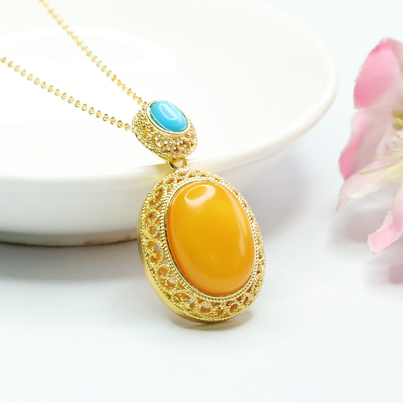 Golden Lace Edge Beeswax Amber Necklace with Sterling Silver Charm