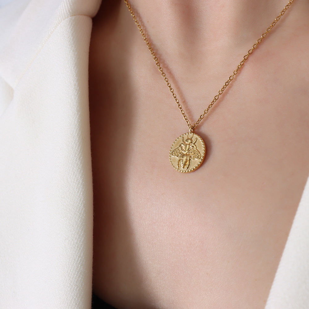 Elegant Titanium Steel Plated Gold Bee Coin Pendant Necklace - Women's Jewelry
