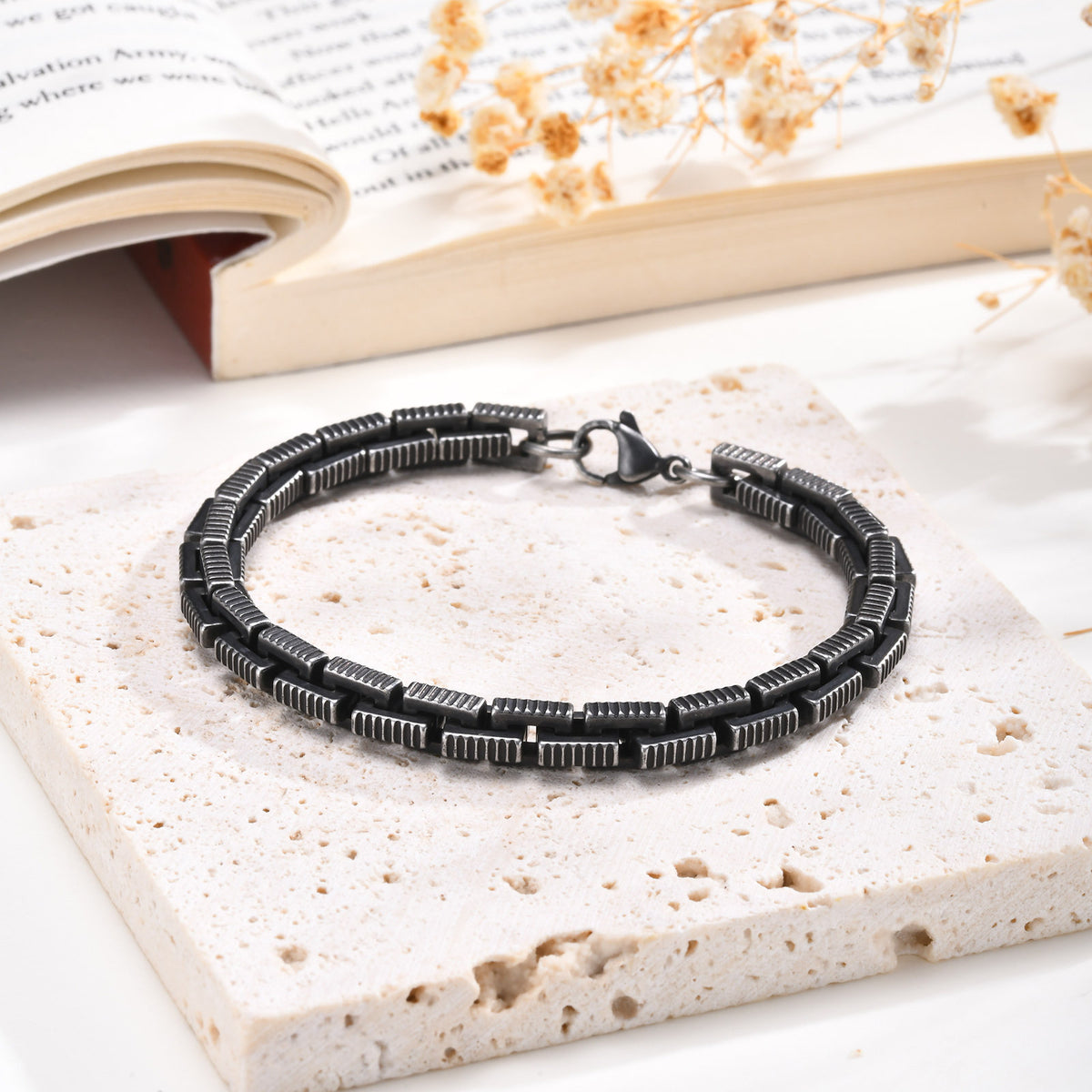 Men's Stainless Steel Embossed Hand Square Work Chain Bracelet Men's