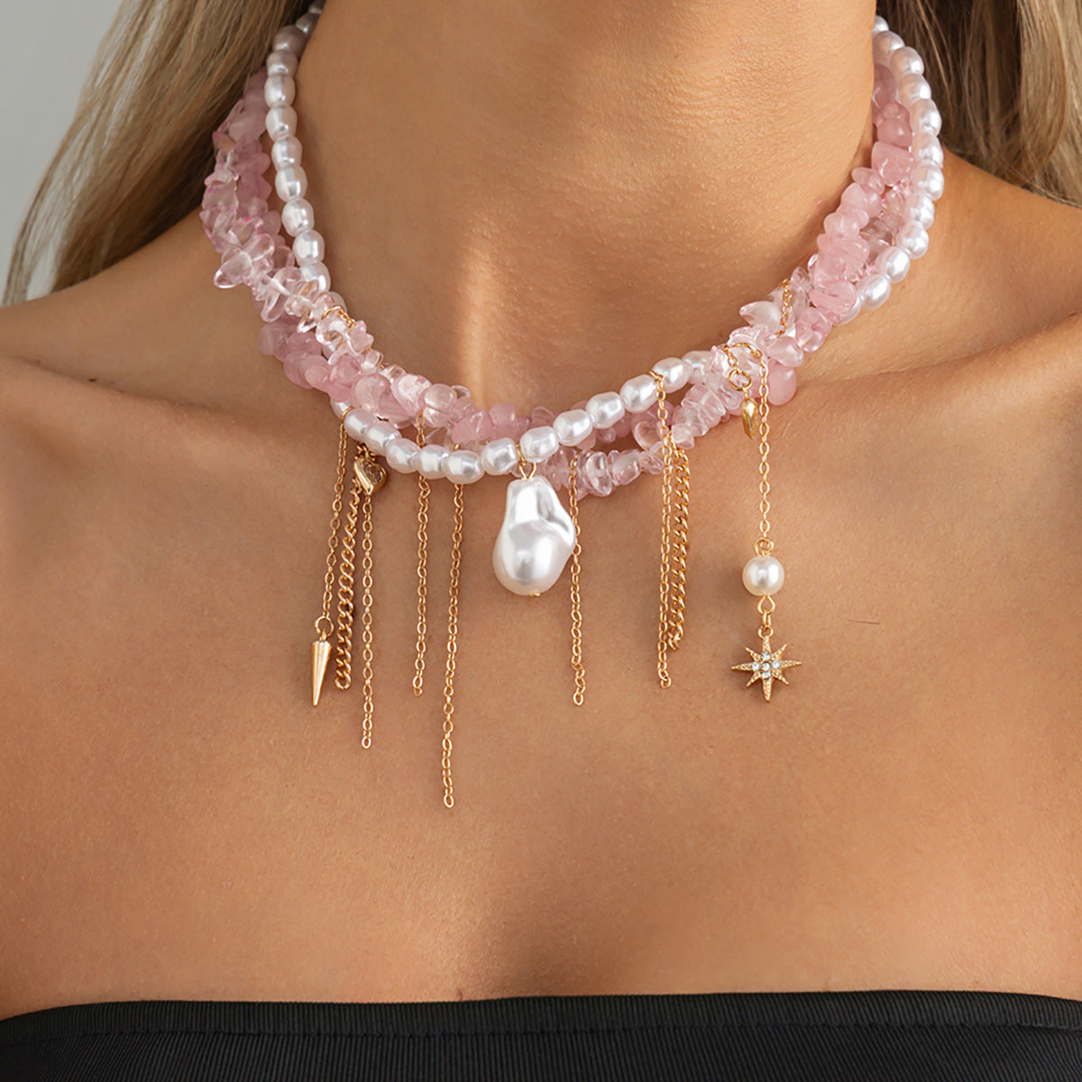 Pink Crystal-Style Pearl Heart Necklace