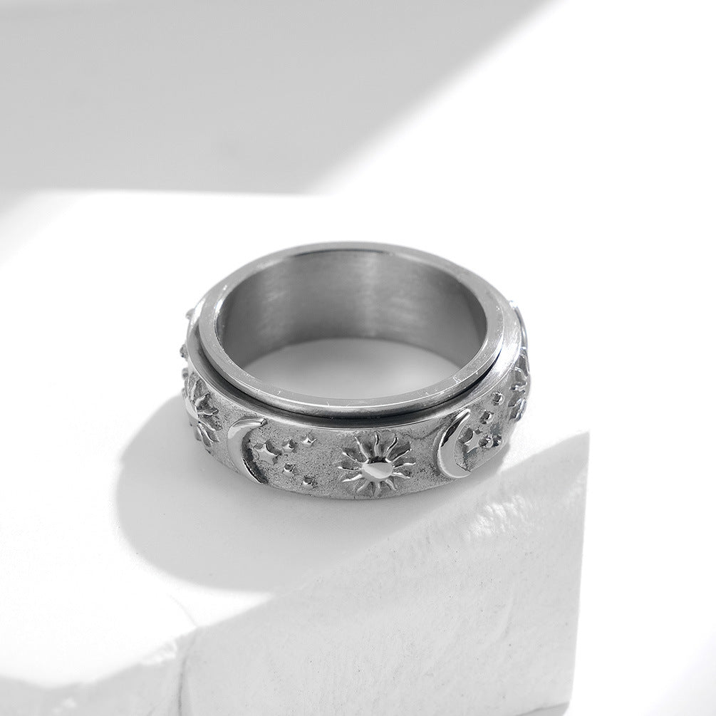 Planderful Unisex Titanium Steel Rotating Star Moon Sun Ring For Stress Relief And Daily Wear