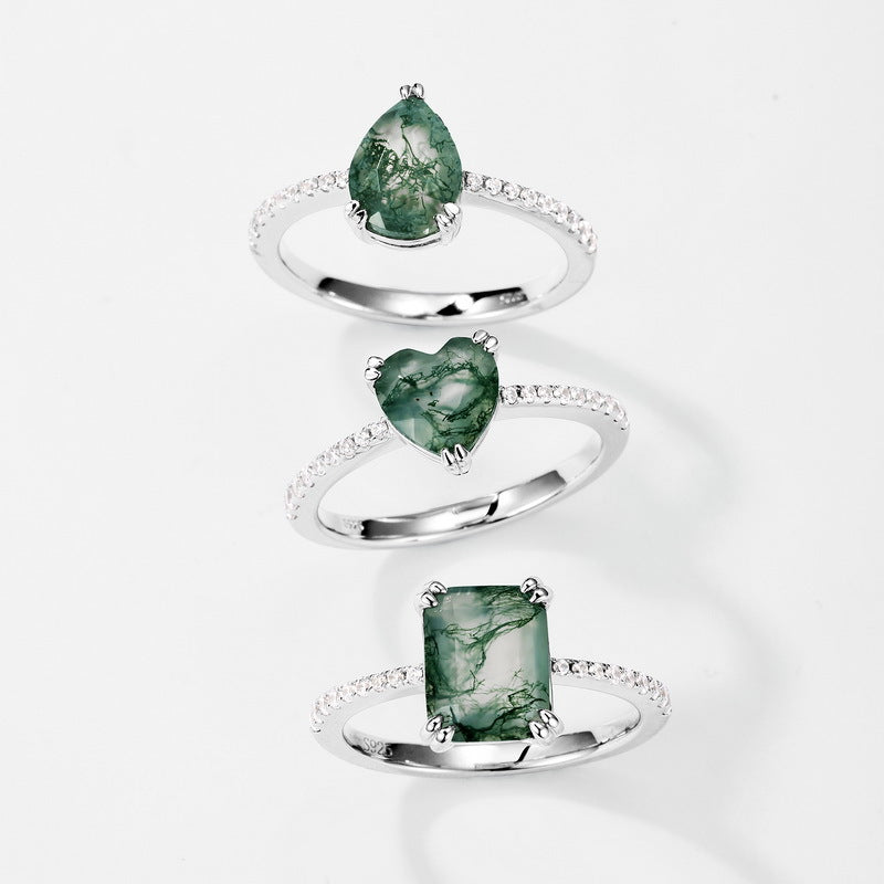 S925 Sterling Silver Moss Agate Heart Prong-Set Ring