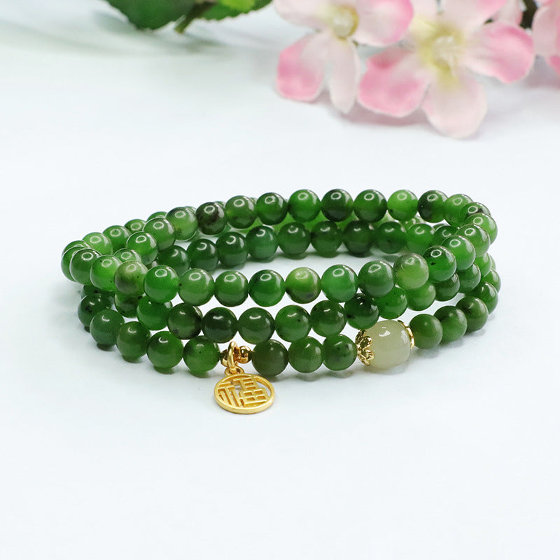 Natural Hetian Jade and Russian Jasper Sterling Silver Bracelet