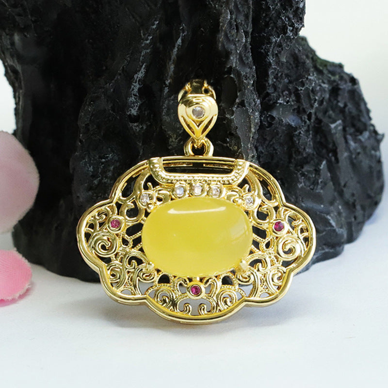 Ethnic Style Sterling Silver Ruyi Pendant with Beeswax Amber