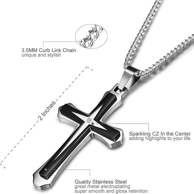 Planderful Titanium Steel Cross Necklace For Men Non Fading Hip Hop Pendant Chain