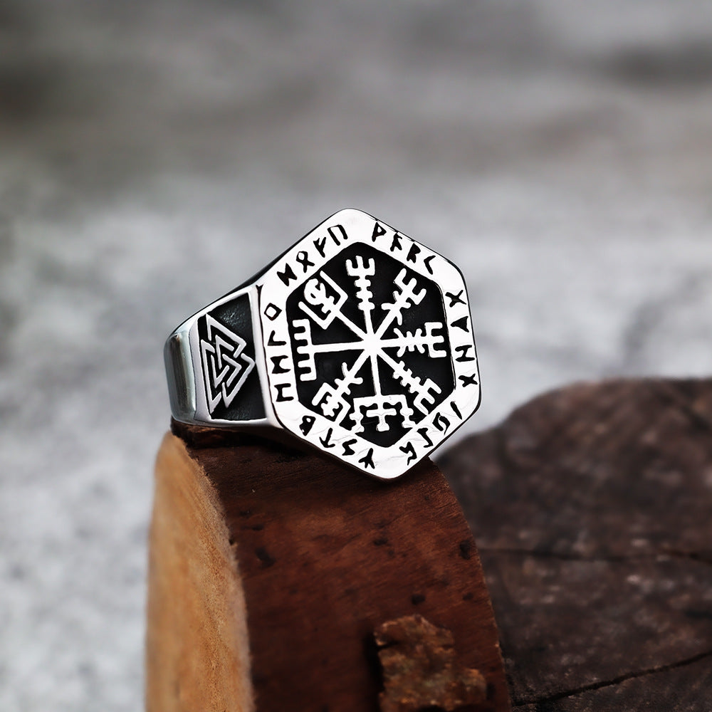 Viking Looney Letter Compass Rune Stainless Steel Ring for Men