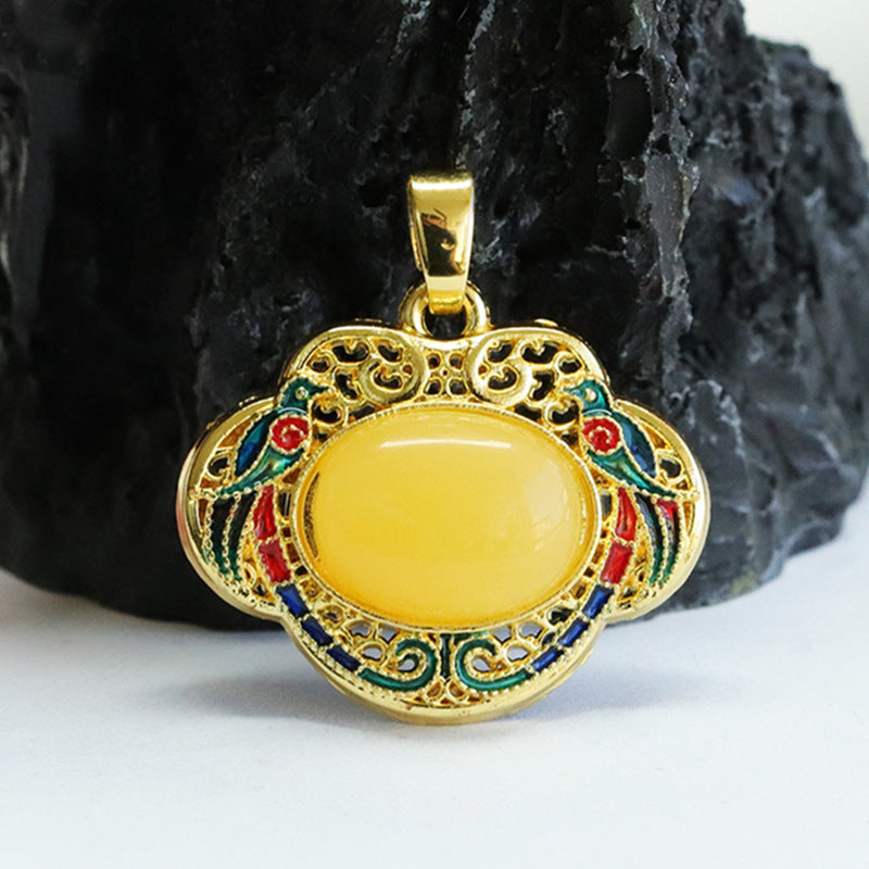 Enamel Amber Ruyi Pendant with Sterling Silver Bee Amber Gem - Fortune's Favor Collection