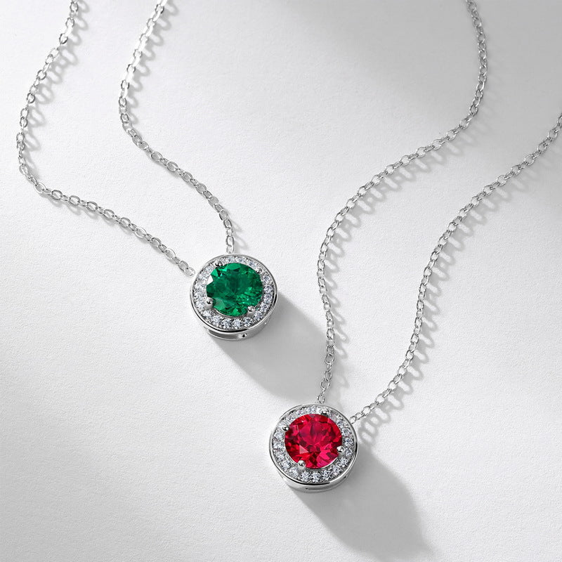 S925 Sterling Silver Lab-Grown Gemstone Round Pendant Necklace