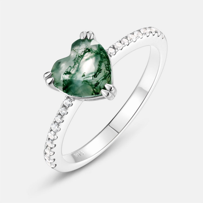 S925 Sterling Silver Moss Agate Heart Prong-Set Ring