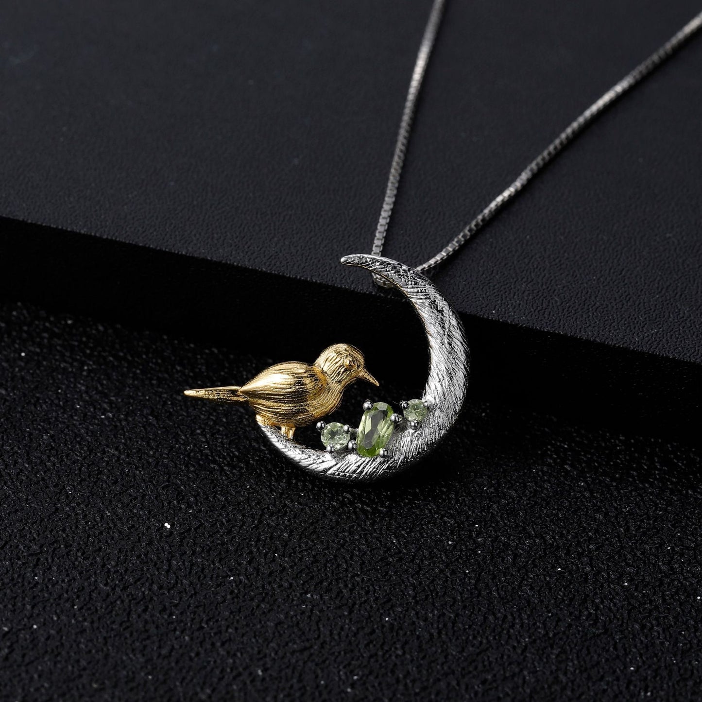 Bird on Crescent Moon Natural Gemstones Silver Necklace