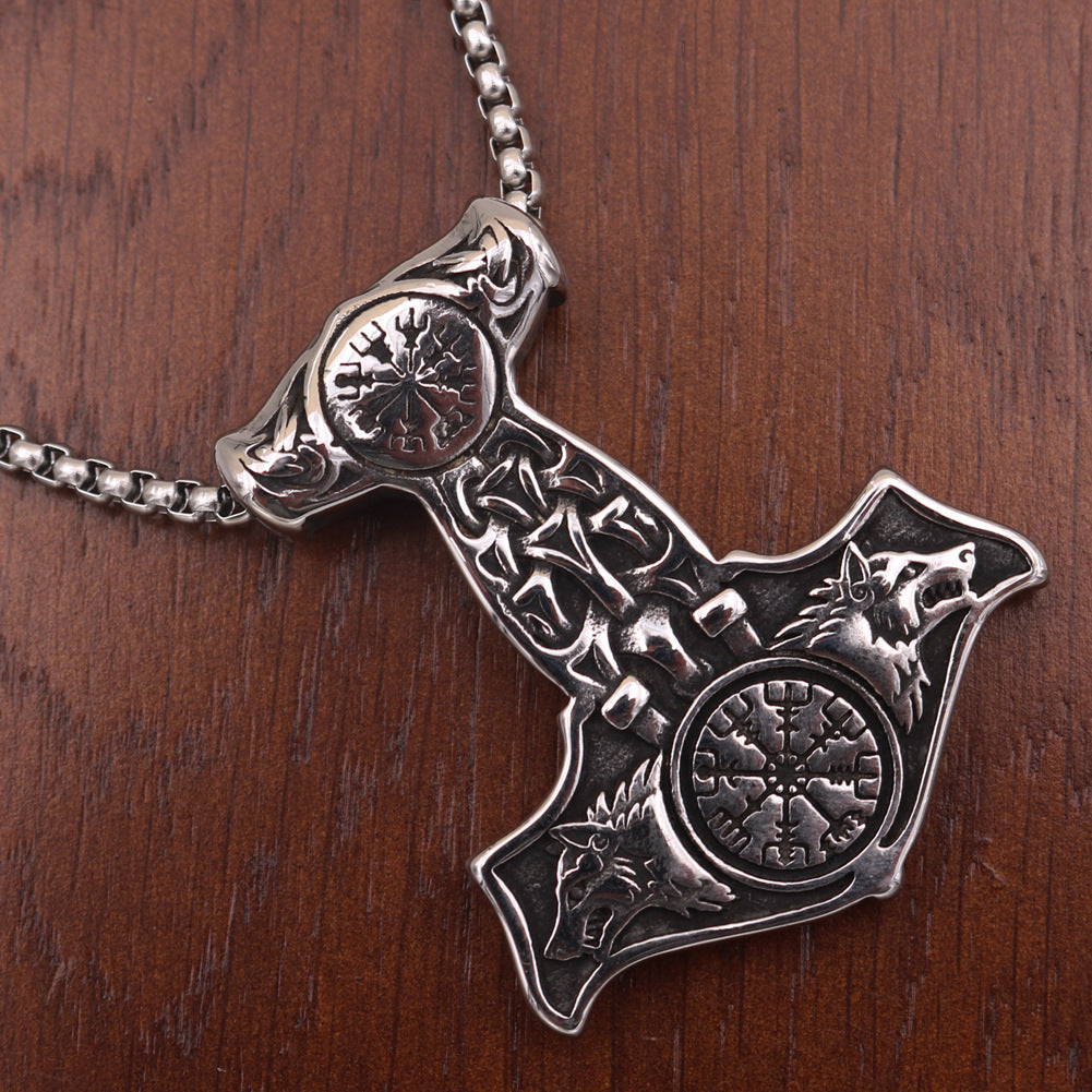 Viking Odin Hammer Wolf Head Pendant Necklace - Titanium Steel Jewelry for Men