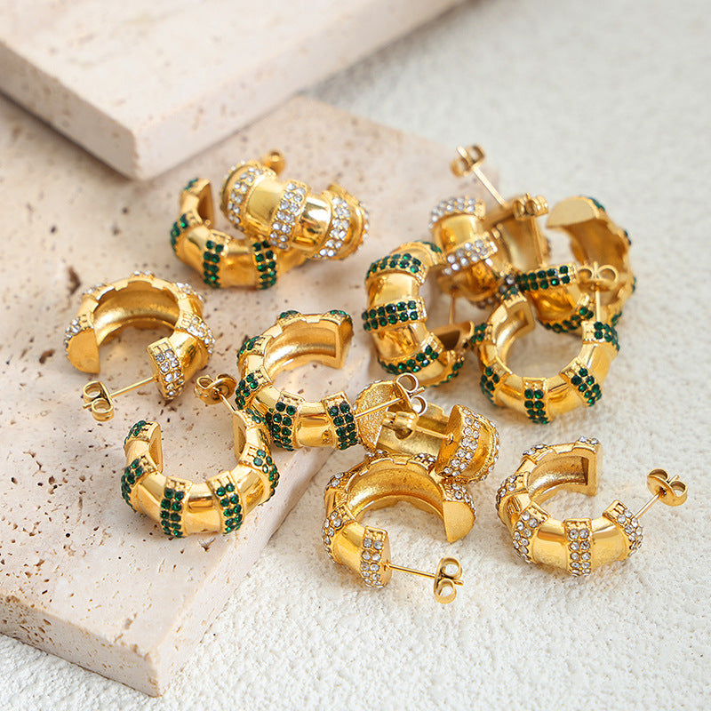 European Inspired Titanium Steel C-shaped Rhinestone Earrings for Casual Chic