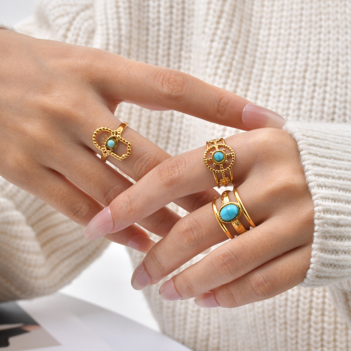 Stainless Steel Casual Gentle Cure Turquoise Triple Open Ring