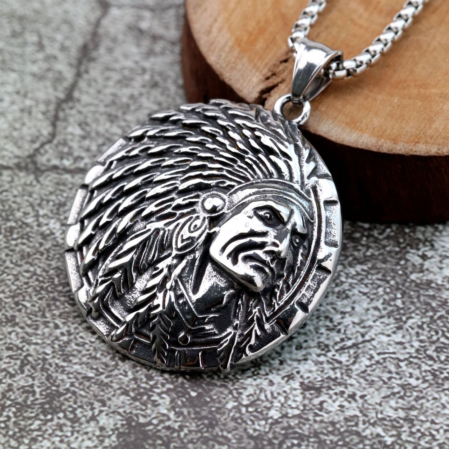 Planderful Retro Stainless Steel Mens Pendant Single Sided Indian Chief Design For Men Gift Idea