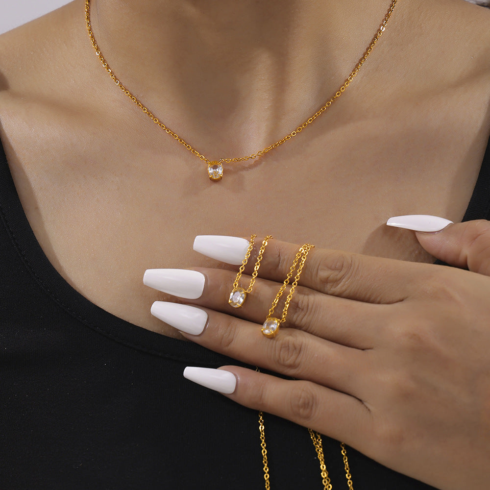 Elegant Zircon Oval Pendant Titanium Steel Necklace