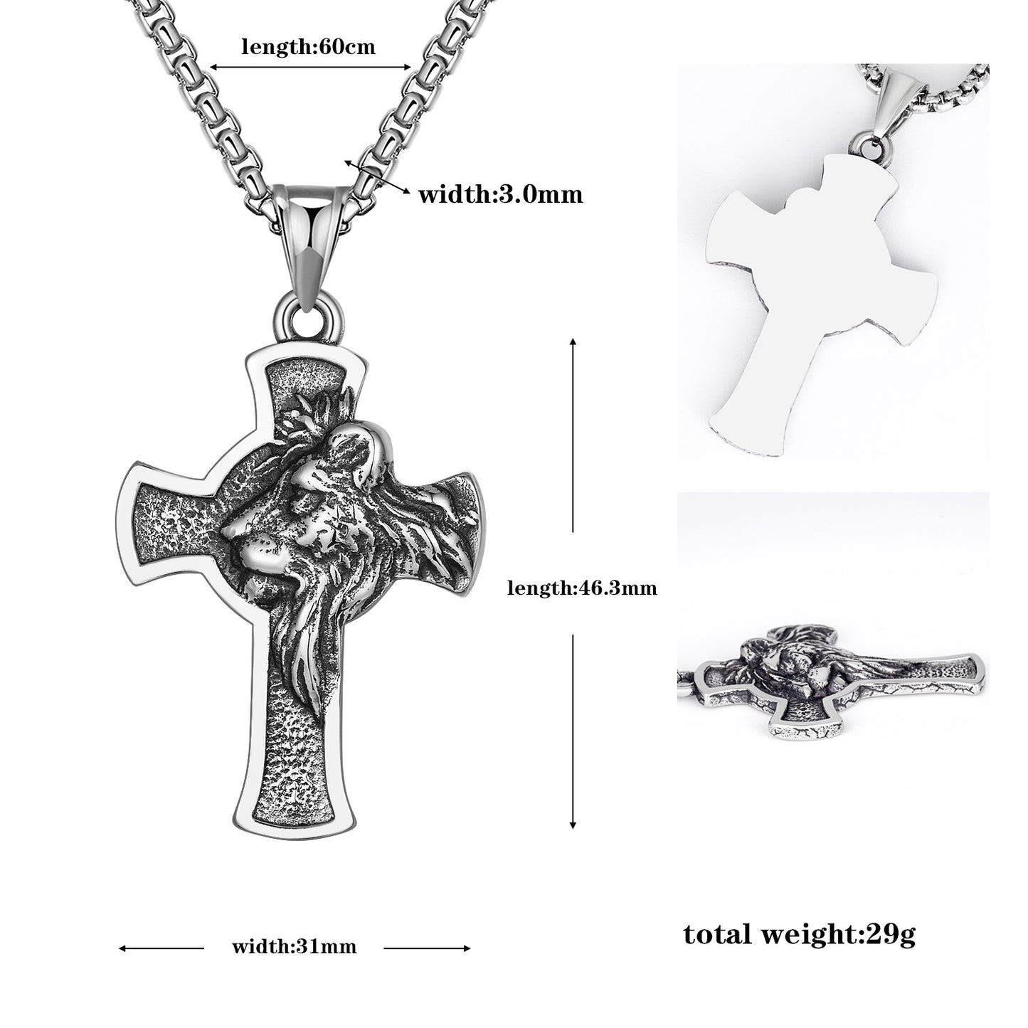 Steel Necklace Pendant – Vintage Lion Head Cross Design For Men And Women By Planderful
