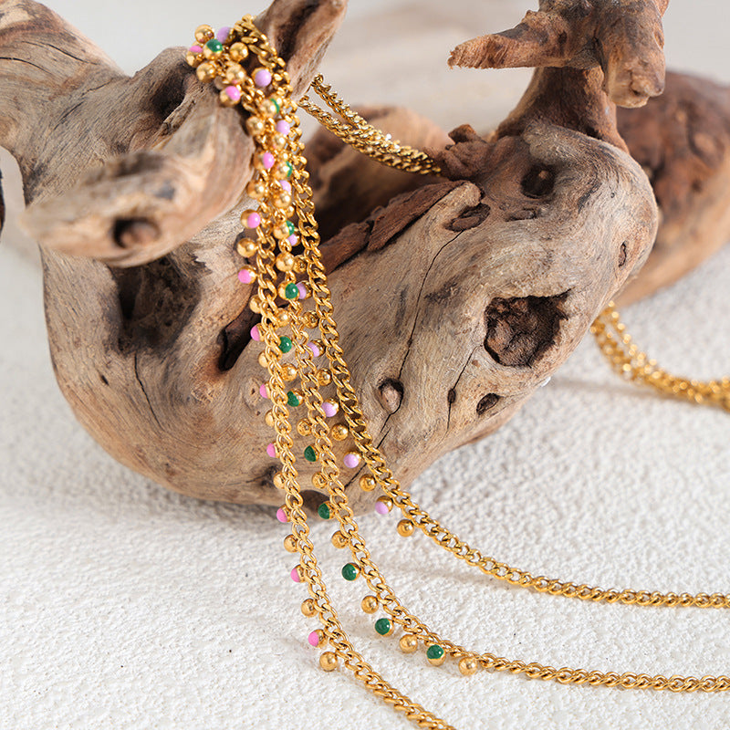 Opulent Multicolored Oil Drop Ball Pendant Tassel Necklace - Titanium Steel Jewelry