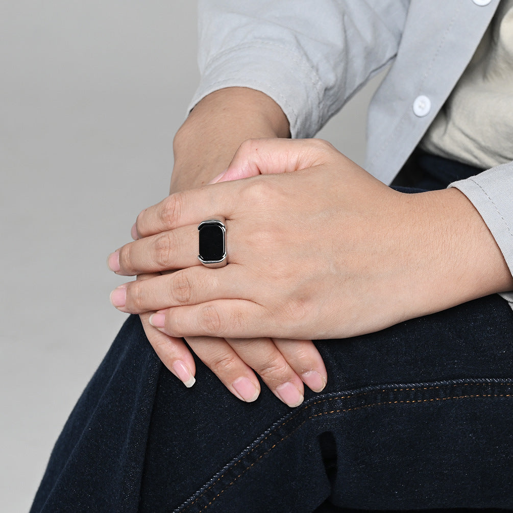 Planderful Glossy Black Gemstone Titanium Steel Ring For Everyday Wear Unisex Bold Minimal Jewelry Sizes 8 To 13