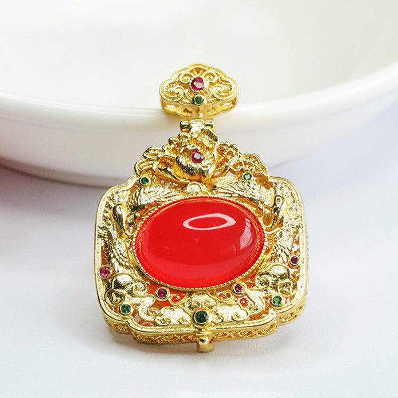 Oval Red Agate Phoenix Sachet Openable Golden Pendant