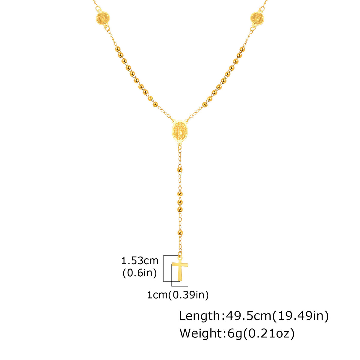 Gold Rosary-Style Y Necklace with Cross